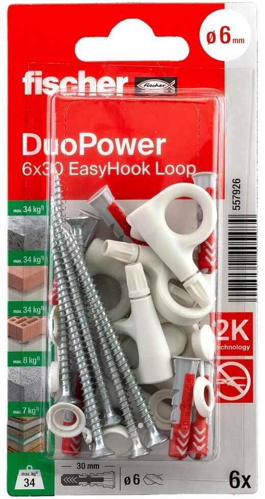 Дюбель 6х30 c винтом и проушиной EasyHook Fischer DUOPOWER 557926, нейлон, 6 шт в блистере - фото